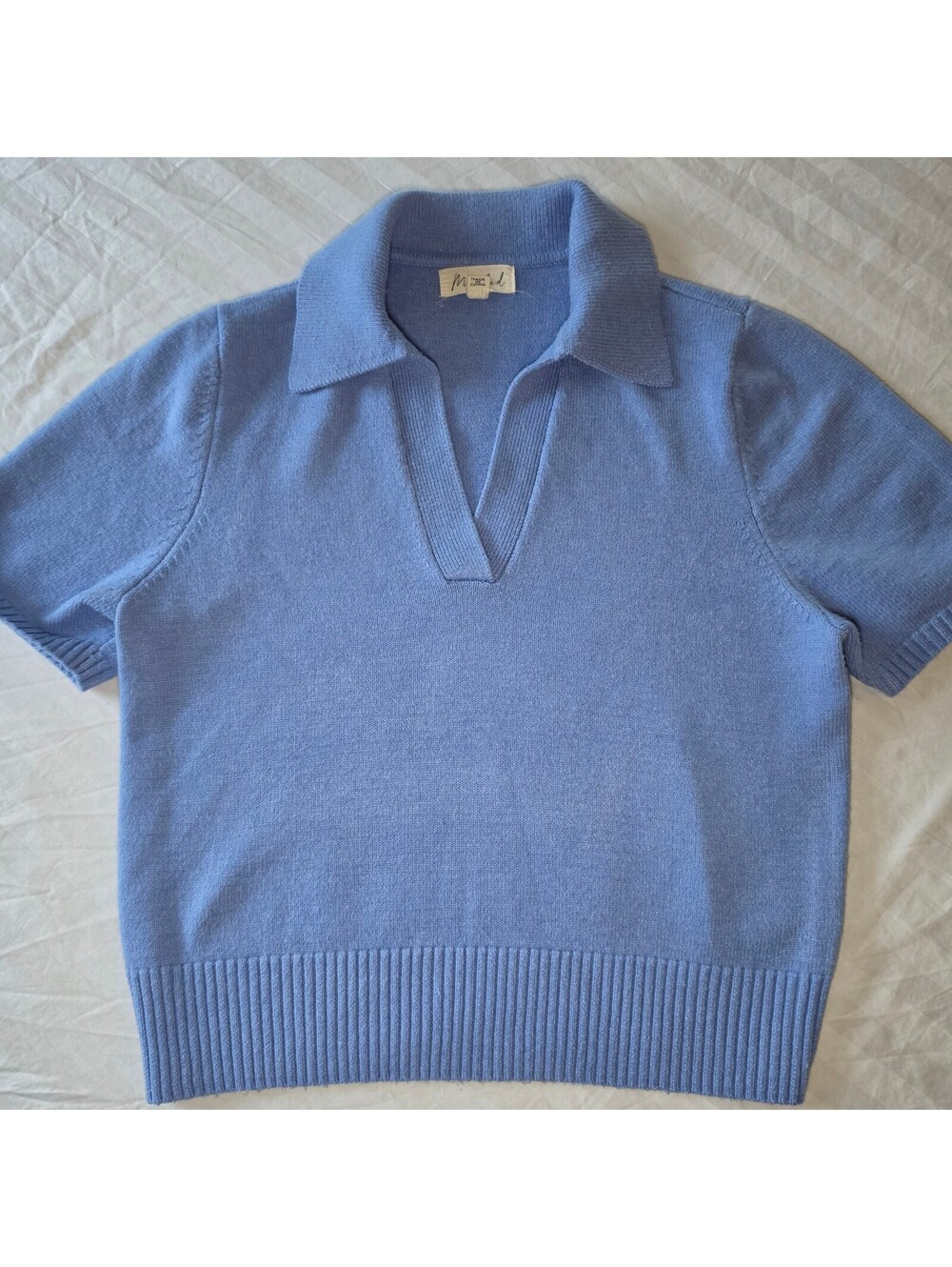 Marled Light Blue Short Sleeve Knit Top with Collar